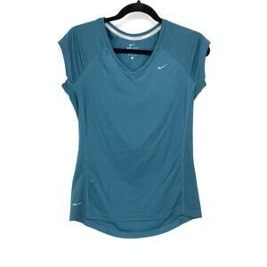 Nike Dri Fit Short Sleeve Activewear T-Shirt V-Neck Womens Size Small Teal Blue